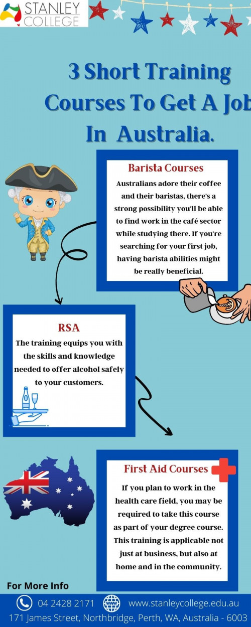 Stanley College (CRICOS Code: 03047E | RTO Code: 51973) is a Perth-based college that offers the best college classes. For our qualifying students, we deliver a variety of short training courses such as barista classes, first aid classes, and so on. This short courses support students in reaching their desired results in a number of industries. Visit our website for more information.
https://stanleycollege.edu.au/vocational-courses/short-courses/