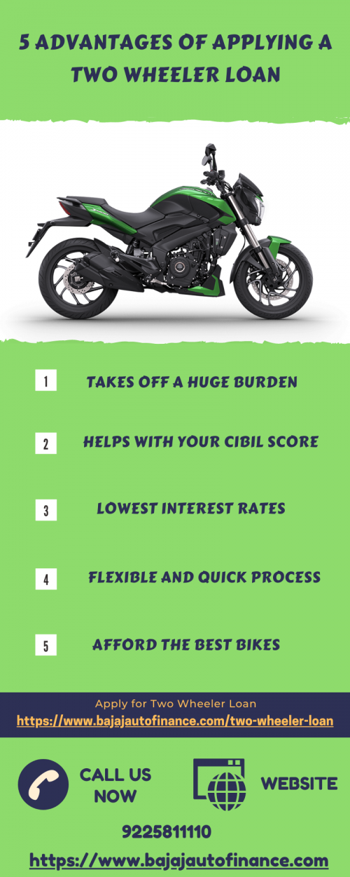 Two-wheeler loan is the best option to buy a new bike. There are many advantages to applying for a Two wheeler loan. Like- Lowest interest rates, Flexible and Quick process, and many more. 

Read in detail:- http://bit.ly/Advantages-of-two-wheeler-loan

Apply for Two Wheeler Loan :- https://bit.ly/Two-Wheeler-Loan