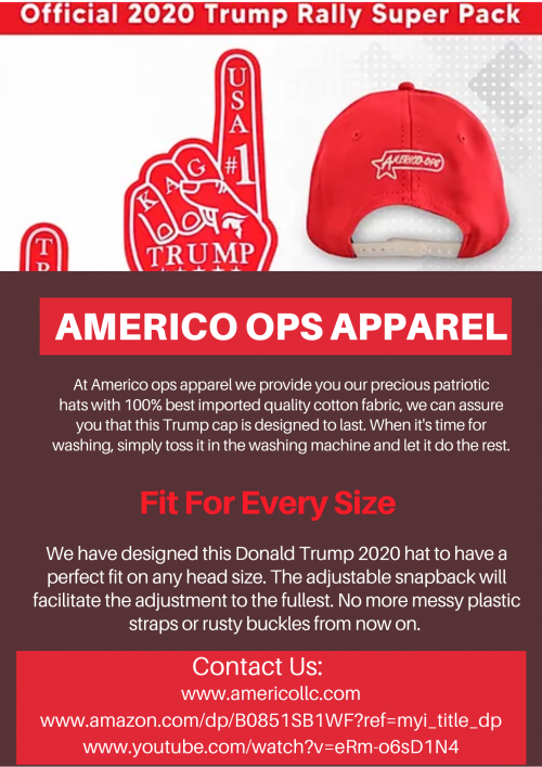 At Americo ops apparel our mission is to provide you with an excellent shopping experience as our clients' satisfaction matter alot. We have the perfect combination of trump hats and foam hands that are tailored to meet your needs through our standard shopping practice.
Contact Us:
Website: https://www.americollc.com/
Amazon link: http://www.amazon.com/dp/B0851SB1WF?ref=myi_title_dp
View on youtube: https://www.youtube.com/watch?v=eRm-o6sD1N4