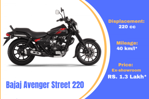 Here are the best features of Bajaj Avenger Street 220 like - Twin spark, 2 valve. DTS-i engine, oil cool, Displacement (cc) - 220, Price  Rs.1.3 Lakh*(ex-showroom), and many more.

Know more Specs, Features and other information: -
https://bit.ly/Bajaj-Avenger-Street-220