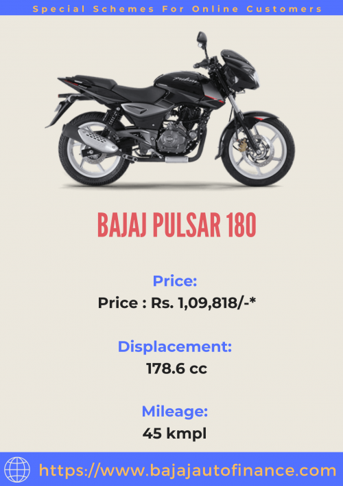 If you want to buy a new Bajaj bike with high performance but are not able to decide between the various Bajaj bikes then choose Bajaj Pulsar 180 it's a good bike for you with the best performance. Displacement of the bike is 178.6cc, Price is Rs 1,09,818/-*,and mileage is about 45 kmpl.
Check Price, Mileage & other Specifications here:-
https://www.bajajautofinance.com/two-wheeler-loan/bajaj-pulsar-180
