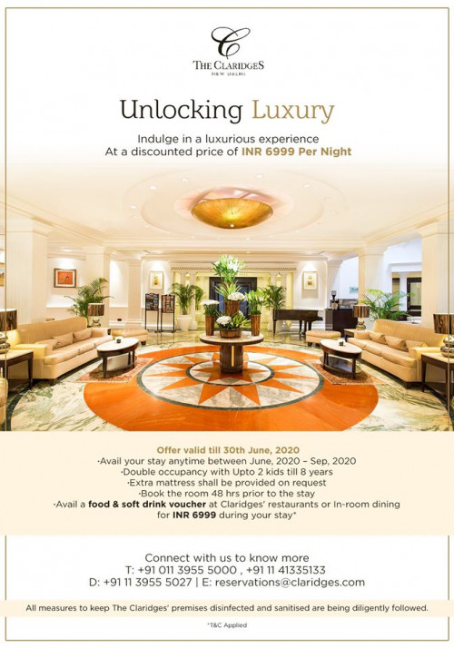 The Claridges is the best luxury hotels in New Delhi. Book your glamorous stay today, avail anytime till September! Experience luxury in an environment that is completely safe, at a price that is extremely special!

Connect with us for more details. https://www.claridges.com/the-claridges-new-delhi
