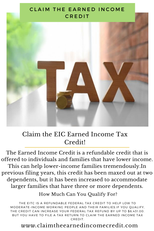 Visit us at - https://claimtheearnedincomecredit.com/
If you qualify for the earned income credit, be sure to claim it when you file your tax return. The earned income credit is for low to medium income workers. The amount you can get ranges from $538 to $6,660 depending on your income and number of dependents you have.