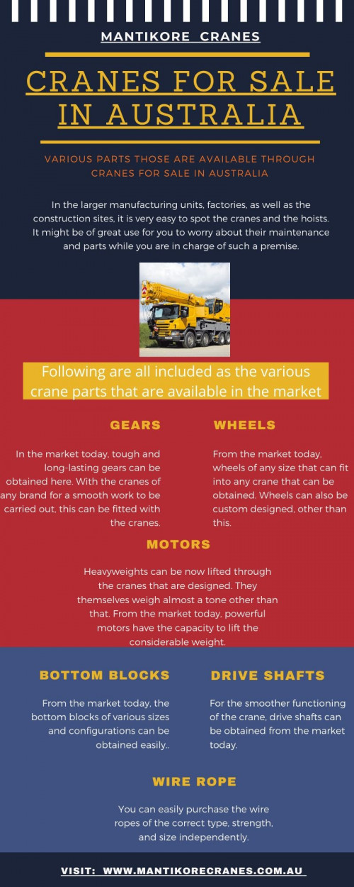 Are you are looking for cranes for sale in Australia? Get a platform to buy crane hire rates Sydney. Mantikore Cranes is the cranes specialist with over 30 years’ experience in construction industries. We Provide the best cranes for sale or hire. Our Crane is highly being used at construction sites to make the entire work stress-free and increase productivity. We are providing Tower Cranes, Mobile Cranes, Self-Erecting Cranes, and Electric Luffing Cranes. Our professionals will provide you the effective solutions and reliable services that can help you to solve technical problems that might occur sometimes. Also, get effective solutions for any requirements of your projects for the best price & service, visit our website today!  

Website: https://mantikorecranes.com.au/

Contact us: 1300626845
Address:  PO BOX 135 Cobbitty NSW, 2570 Australia
Email:  info@mantikorecranes.com.au 

You can follow us on our social accounts: 
•	Facebook
https://www.facebook.com/pg/Mantikore-Cranes-108601277292157/about/?ref=page_internal
•	Instagram
https://www.instagram.com/mantikorecranes/
•	Twitter
https://twitter.com/MantikoreC