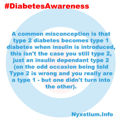 A common misconception is that type 2 diabetes becomes type 1 diabetes when insulin is introduced, this isn't the case you still type 2, just an insulin dependant type 2 (on the odd occasion being told Type 2 is wrong and you really are a type 1 - but one didn't turn into the other).