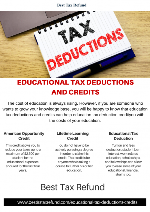 You will be happy to know that education tax deductions and credits can help you with the costs of your education. Read more, https://bestirstaxrefund.com/educational-tax-deductions-credits/ One of the tax credits is the American Opportunity Credit and another is the Lifetime Learning Credit.