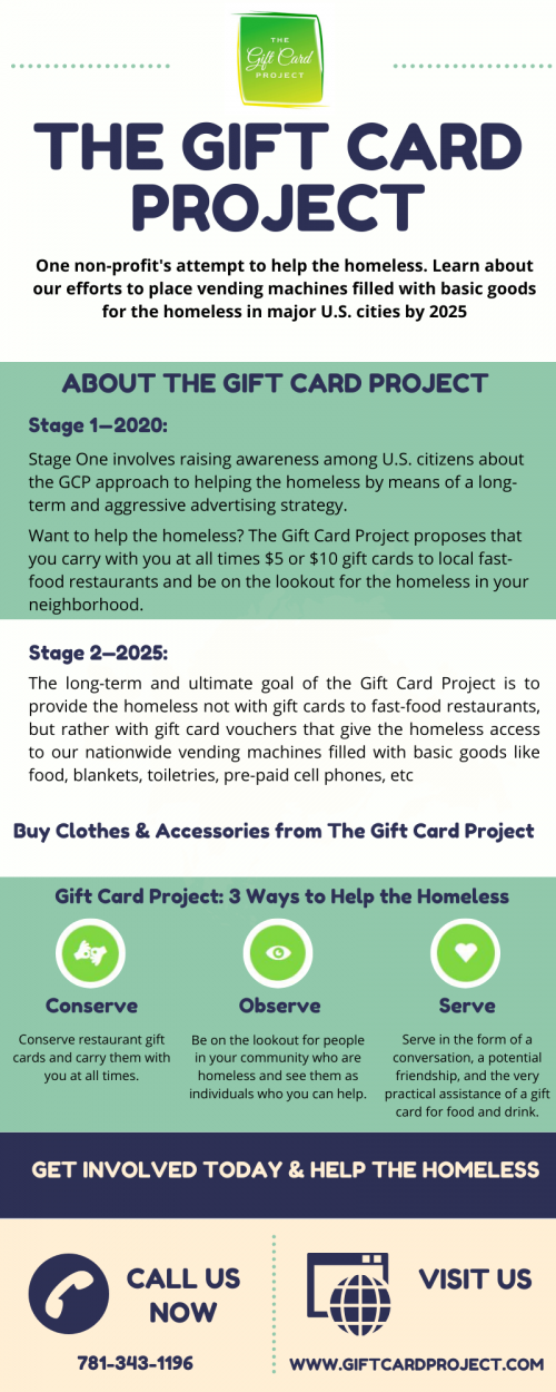 The Gift Card Project at http://giftcardproject.com is a national project that helps the homeless through fast food gift cards and vending machines with basic goods in major around the United States.