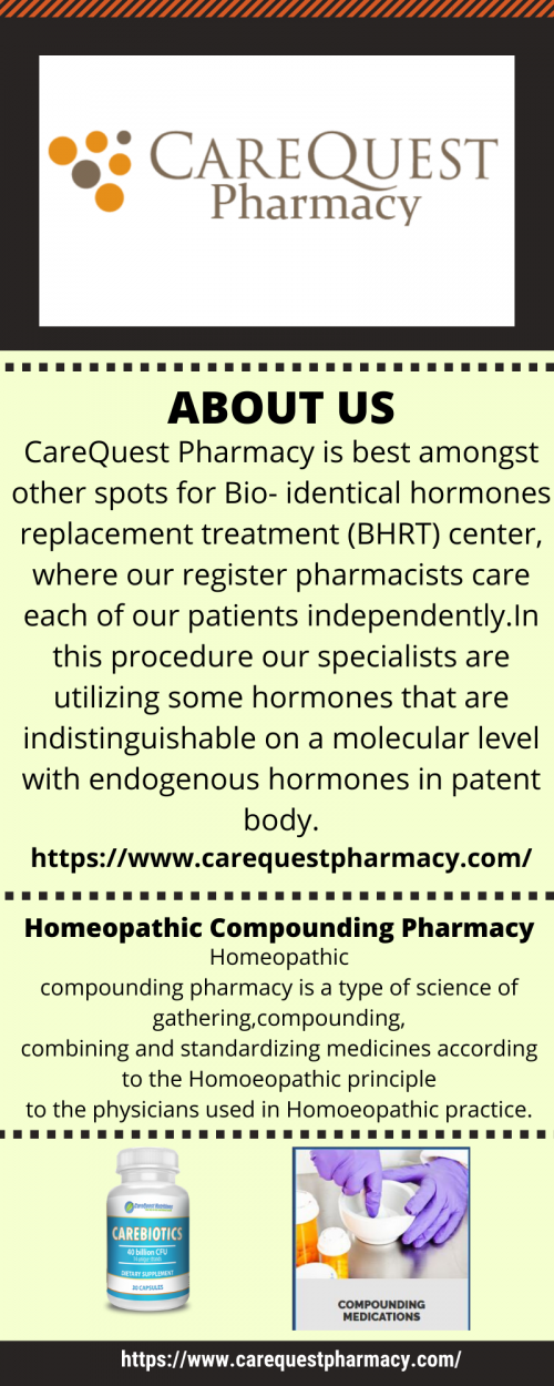 Homeopathic compounding pharmacy is a type of science of gathering, compounding, combining and standardizing medicines according to the Homoeopathic principle to the physicians used in Homoeopathic practice.
https://www.carequestpharmacy.com/homeopathy/