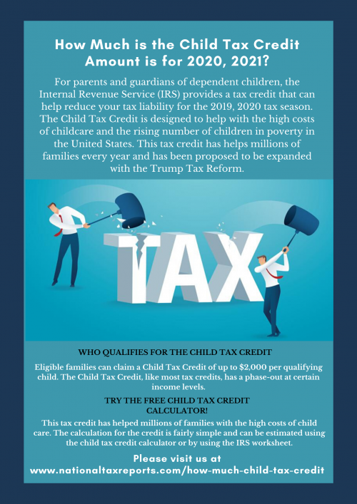 The Child Tax Credit is designed to help with the high costs of child care and rising number of children in poverty in the United States. Read more, https://nationaltaxreports.com/how-much-child-tax-credit/ This tax credit has helps millions of families every year and has been increased with the Trump Tax Reform. See how much you can get back.
