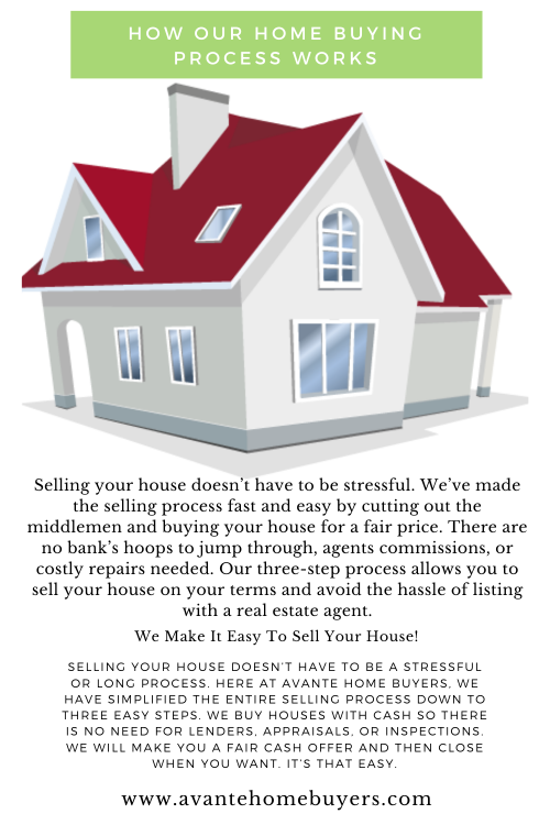 Visit us at - https://www.avantehomebuyers.com/
Selling your house doesn’t have to be stressful. We’ve made the selling process fast and easy by cutting out the middlemen and buying your house for a fair price. There are no bank’s hoops to jump through, agents commissions, or costly repairs needed.