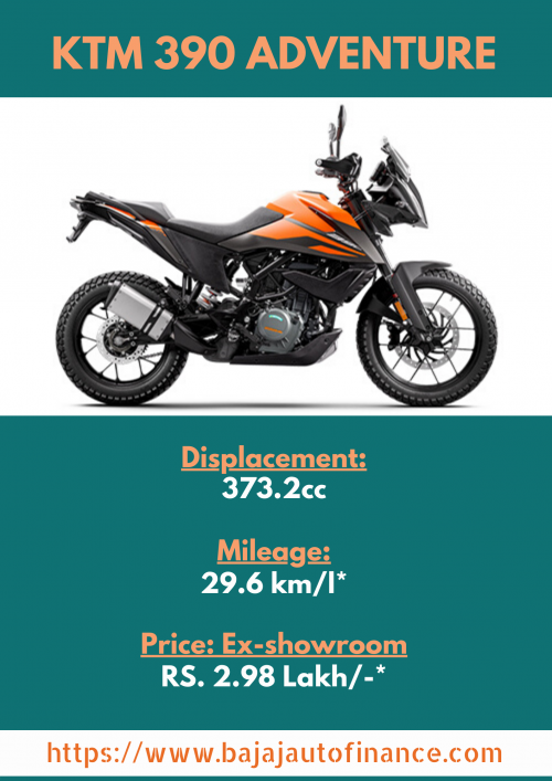 Are you planning to buy a new bike to complete adventure dreams? Choose the KTM 390 Adventure for this purpose. It is specially designed for this. Best features like 373.2cc Displacement, Single Cylinder, 4-stroke, 4 V DOHC Engine,6 gear, Multi-disc slipper clutch, and with fuel tank capacity 14.5 L and its Ground Clearance - 200 mm.

More Technical Specifications:-
https://www.bajajautofinance.com/two-wheeler-loan/KTM-390-ADVENTURE