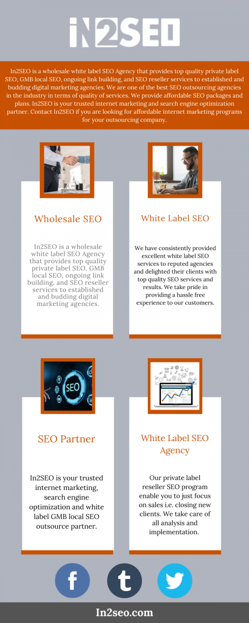 In2SEO is a wholesale white label SEO Agency that provides top quality private label SEO, GMB local SEO, ongoing link building, and SEO reseller services to established and budding digital marketing agencies. We are one of the best SEO outsourcing agencies in the industry in terms of quality of services. We provide affordable white label SEO packages and plans. In2SEO is your trusted internet marketing and search engine optimization partner. Contact In2SEO if you are looking for affordable internet marketing programs for your outsourcing company. To know more visit here: https://in2seo.com/