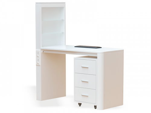 Professional Manicure Table in white acetone resistant coating. Moveable drawer cabinet, large work top with hand rest cushion, storage shelves with tempered glass, electrical point to connect UV/LED nail lamp.

https://www.spafurniture.in/products/damini-nail-manicure-table/