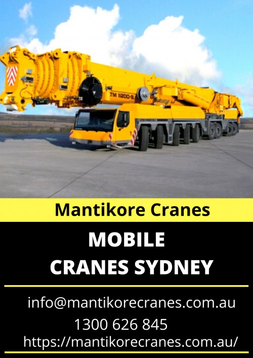 Mantikore Cranes is the best mobile cranes Sydney company. We are here to do all the diligent work for you. We are giving the setup of the crane using our versatile crane reducing any pressure or stress related to the underlying setup stage. We provide all aspects of crane hire services for the construction industry. We are committed to completing all projects safely, efficiently, on budget and on-time. We also provide buyback options once your crane has completed your project. We have more than 29 years of experience working in the crane hire industries in Australia. We assure you that you will receive the best crane hire services.  Our Crane is highly being used at construction sites to make the entire work stress-free and increase productivity. We are providing Tower Cranes, Mobile Cranes, Self-Erecting Cranes, and Electric Luffing Cranes. Our professionals will provide you with effective solutions and reliable services that can help you to solve technical problems that might occur sometimes. Also, get effective solutions for any requirements of your projects for the best price & service, contact us at 1300 626 845 for crane hire and visit our website today.

Website:  https://mantikorecranes.com.au/

Address:  PO BOX 135 Cobbitty NSW, 2570 Australia
Email:  info@mantikorecranes.com.au 
Opening Hours:  Monday to Friday from 7 am to 7 pm

Follow us on our Social accounts:
Facebook
https://www.facebook.com/pg/Mantikore-Cranes-108601277292157/about/?ref=page_internal
Instagram
https://www.instagram.com/mantikorecranes/
Twitter
https://twitter.com/MantikoreC