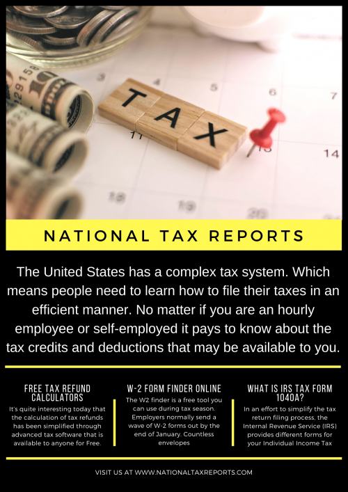 Visit us at - https://nationaltaxreports.com/
The United States has a complex tax system. Which means people need to learn how to file their taxes in an efficient manner. No matter if you are an hourly employee or self-employed it pays to know about the tax credits and deductions that may be available to you.