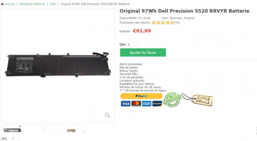 Original 97Wh Dell Precision 5520 RRVYR Batterie
https://www.ac-chargeur.com/original-97wh-dell-precision-5520-rrvyr-batterie-p-140787.html