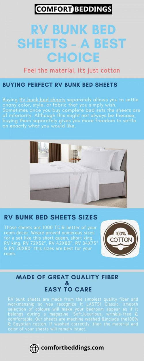 Look this info-graphics know about top quality of RV bunk bed sheets made by comfortbeddings. Our product are soft, Finer & Durable, It includes 100% Egyptian cotton for your ultimate comfort experience. To know more Visit - https://comfortbeddings.com/products/white-camper-bunk-sheets