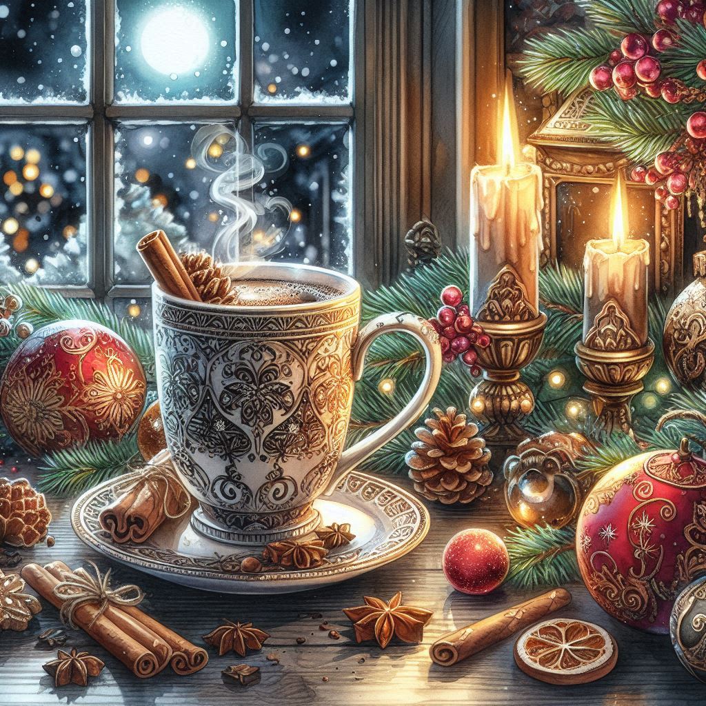 Christmas coffee in front of the window, rich decoration, Watercolor, trending on artstation, sharp