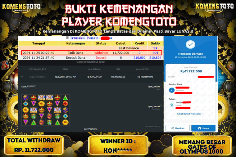 LAGI & LAGI!! KEMENANGAN BESAR DI SLOT  GATES OF OLYMPUS 1000  SEBESAR Rp.11.722.000 KOMENGTOTO BAYAR LUNAS SECEPAT KILAT !! KOMENGTOTO BAYAR SECEPAT KILAT !!