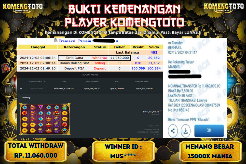 LAGI & LAGI!! KEMENANGAN BESAR DI SLOT  15000X MANIA SEBESAR Rp.11.060.000 KOMENGTOTO BAYAR LUNAS SECEPAT KILAT !! KOMENGTOTO BAYAR SECEPAT KILAT !!