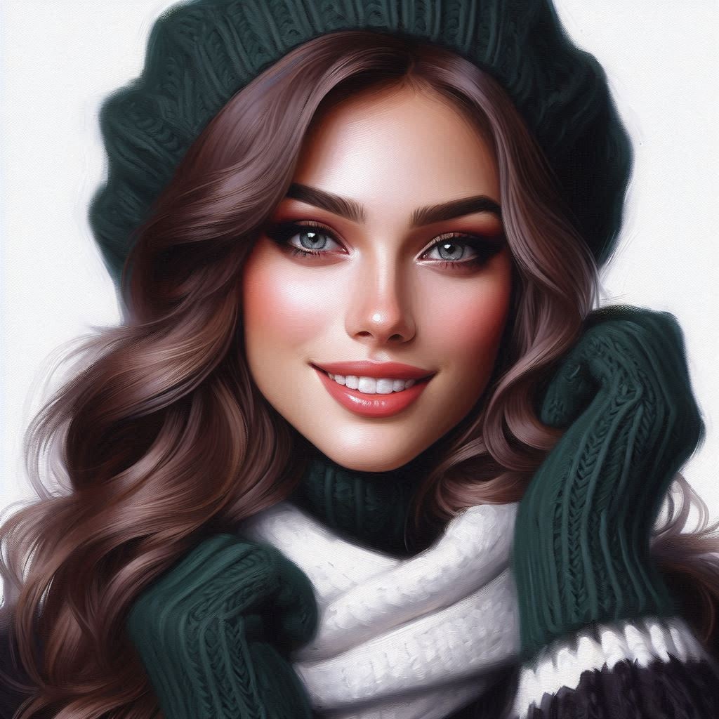 Oil painting, digital art, beautiful woman with brown hair, gray eyes, makeup, smile, in a dark gree