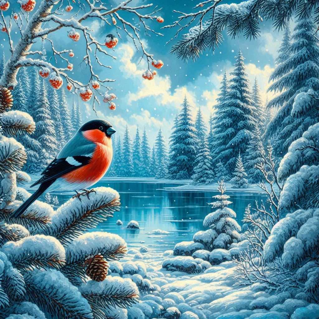 tempera oil,digital art, winter, beautiful winter landscape, lake, fir trees, blue sky, snow dusted