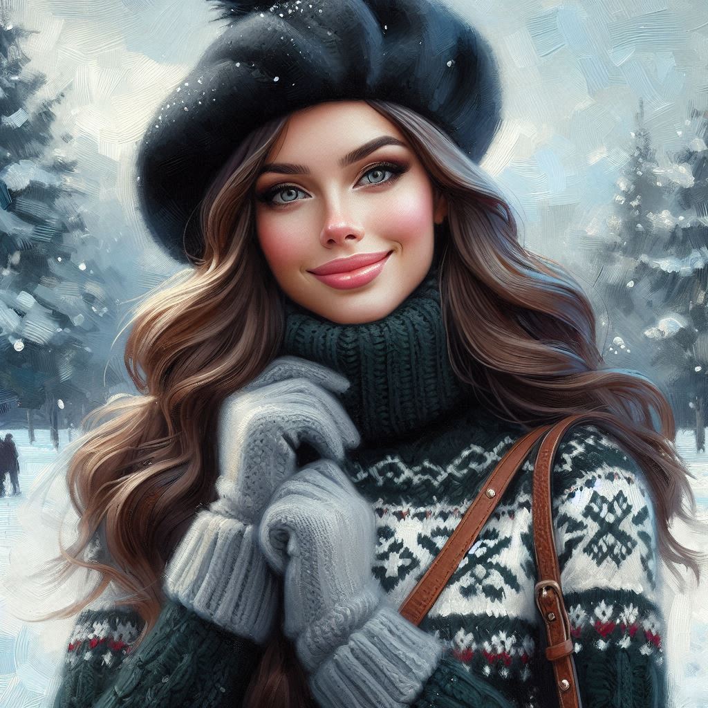 tempera oil,digital art, relaxed pose, winter, beautiful Russian woman with brown hair, gray eyes, m