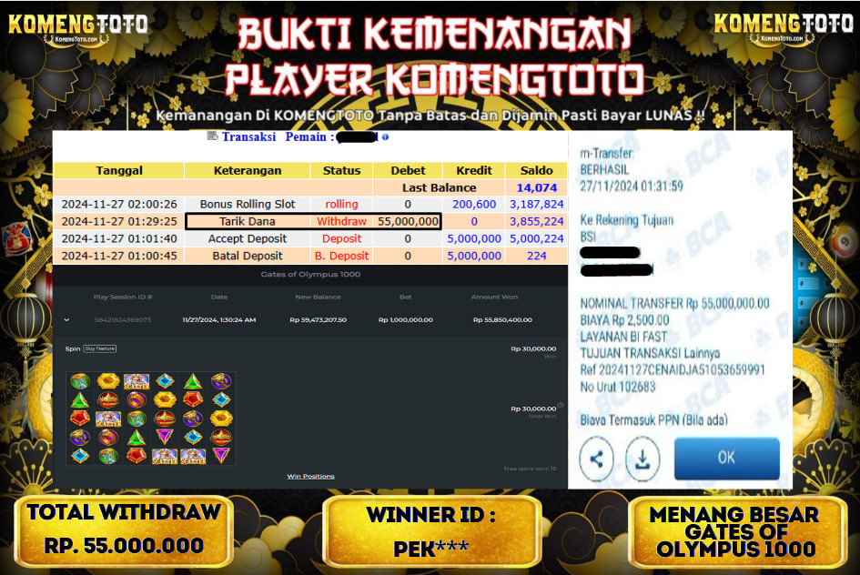 LAGI & LAGI!! KEMENANGAN BESAR DI SLOT  GATES OF OLYMPUS 1000  SEBESAR Rp.55.000.000 KOMENGTOTO BAYAR LUNAS SECEPAT KILAT !! KOMENGTOTO BAYAR SECEPAT KILAT !!