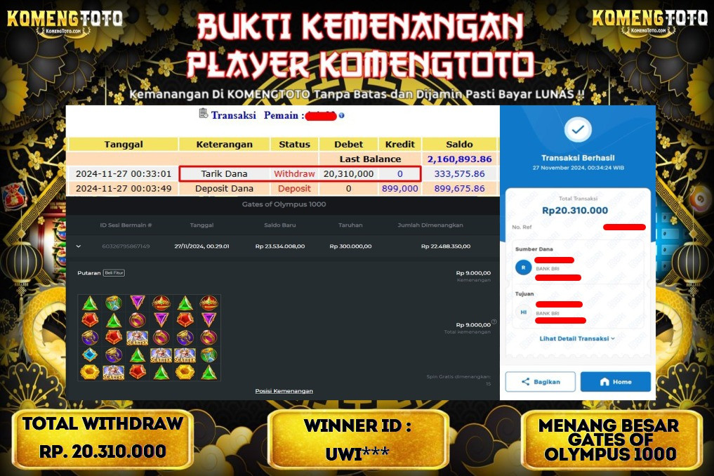 LAGI & LAGI!! KEMENANGAN BESAR DI SLOT  GATES OF OLYMPUS 1000  SEBESAR Rp.20.310.000 KOMENGTOTO BAYAR LUNAS SECEPAT KILAT !! KOMENGTOTO BAYAR SECEPAT KILAT !!