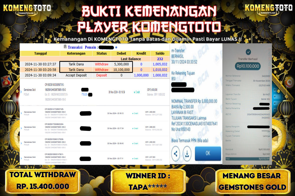 LAGI & LAGI!! KEMENANGAN BESAR DI SLOT GEMSTONES GOLD  SEBESAR Rp.15.400.000 KOMENGTOTO BAYAR LUNAS SECEPAT KILAT !! KOMENGTOTO BAYAR SECEPAT KILAT !!