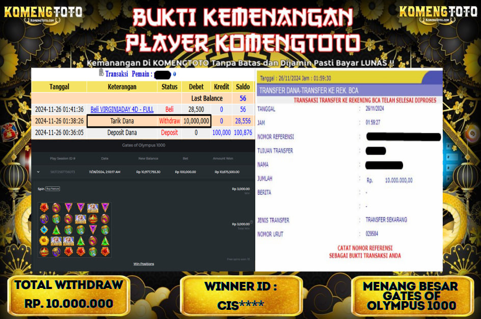 LAGI & LAGI!! KEMENANGAN BESAR DI SLOT  GATES OF OLYMPUS 1000  SEBESAR Rp.10.000.000 KOMENGTOTO BAYAR LUNAS SECEPAT KILAT !! KOMENGTOTO BAYAR SECEPAT KILAT !!