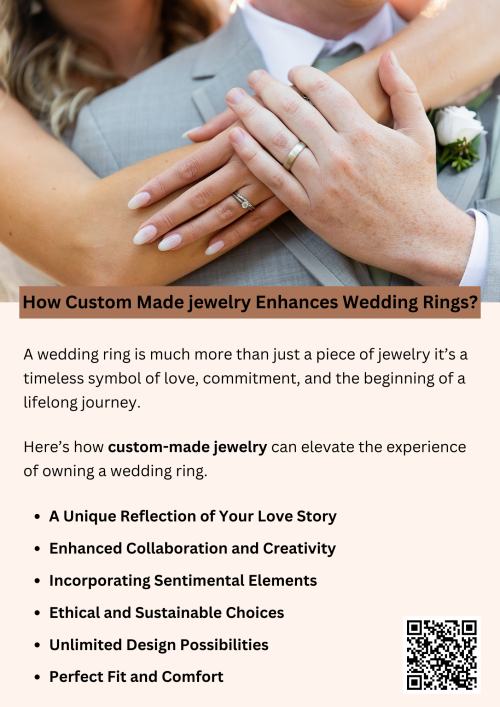 Custom-made jewelry enhances wedding rings by adding a personal and unique touch. It allows couples to design rings that reflect their love story, incorporate sentimental elements, and achieve the perfect fit. With endless design possibilities, custom-made jewelry lets you choose metals, gemstones, and intricate details tailored to your preferences. This creates a meaningful, one-of-a-kind piece that symbolizes your bond, blending creativity and craftsmanship for a truly unforgettable wedding ring. To know more visit here https://www.futerbrosjewelers.com/services/custom-designs