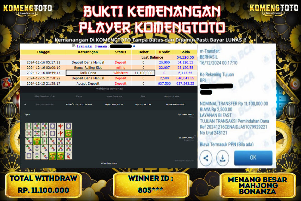 LAGI & LAGI!! KEMENANGAN BESAR DI SLOT  MAHJONG BONANZA  SEBESAR Rp.11.100.000 KOMENGTOTO BAYAR LUNAS SECEPAT KILAT !! KOMENGTOTO BAYAR SECEPAT KILAT !!