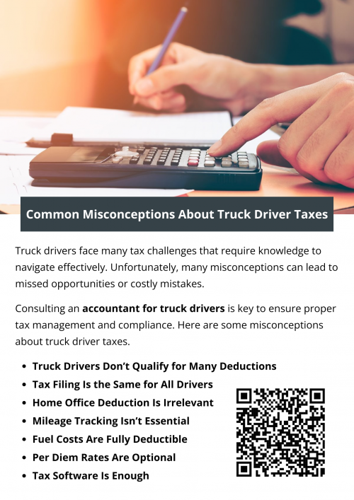 Misconceptions about truck driver taxes can lead to missed deductions, errors, or even penalties. By staying informed and working with a knowledgeable accountant for truck drivers, you can navigate tax season confidently, maximize savings, and remain compliant with IRS regulations. Whether you are an independent contractor or a company driver, accurate tax management is crucial for financial success. To know more visit here https://www.truckersprocpa.ca/trucking-accounting-services