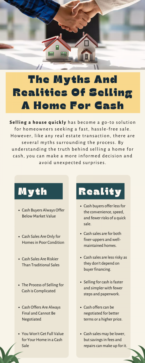 Selling a cash home is often seen as a quick and hassle-free way to close a sale, but there are myths and realities that homeowners should understand. Many believe cash buyers offer full price, but in reality, cash offers are typically lower than traditional listings. Additionally, selling a house quickly can be appealing, but it's important to assess the potential trade-offs, such as lower offers or limited negotiation opportunities. Always weigh the pros and cons before deciding on a cash sale. To know more visit here https://www.904homebuyer.com/sell