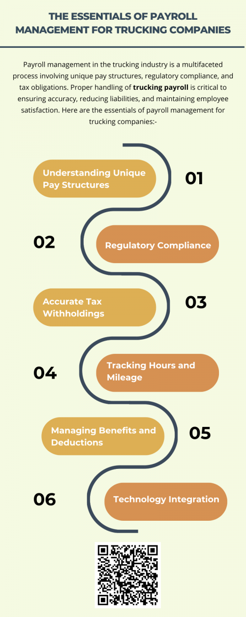 Payroll management for trucking companies requires a specialized approach to address industry-specific challenges. By understanding unique pay structures, staying compliant, leveraging technology, and focusing on transparency, businesses can streamline trucking payroll and maintain a satisfied workforce. Efficient payroll management is not just a financial necessity—it’s a cornerstone of operational success in the trucking industry. To know more visit here https://www.truckersprocpa.ca/trucking-payroll-services