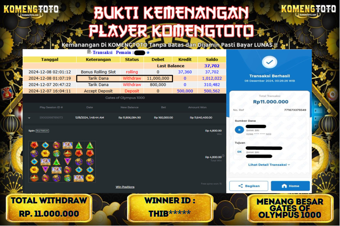 LAGI & LAGI!! KEMENANGAN BESAR DI SLOT  GATES OF OLYMPUS 1000  SEBESAR Rp.11.000.000 KOMENGTOTO BAYAR LUNAS SECEPAT KILAT !! KOMENGTOTO BAYAR SECEPAT KILAT !!