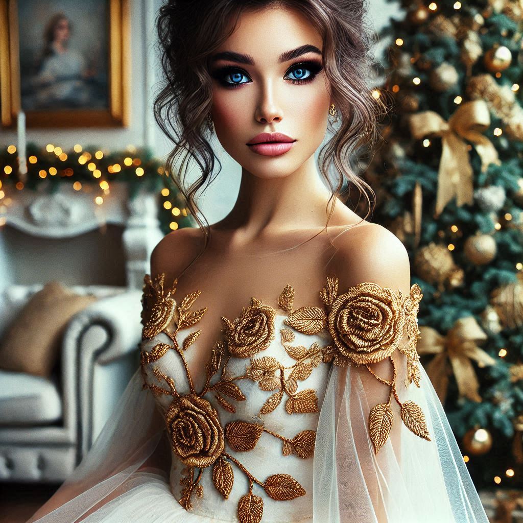 a beautiful elegant woman, with expressive gray eyes, with evening makeup, with her hair styled, in