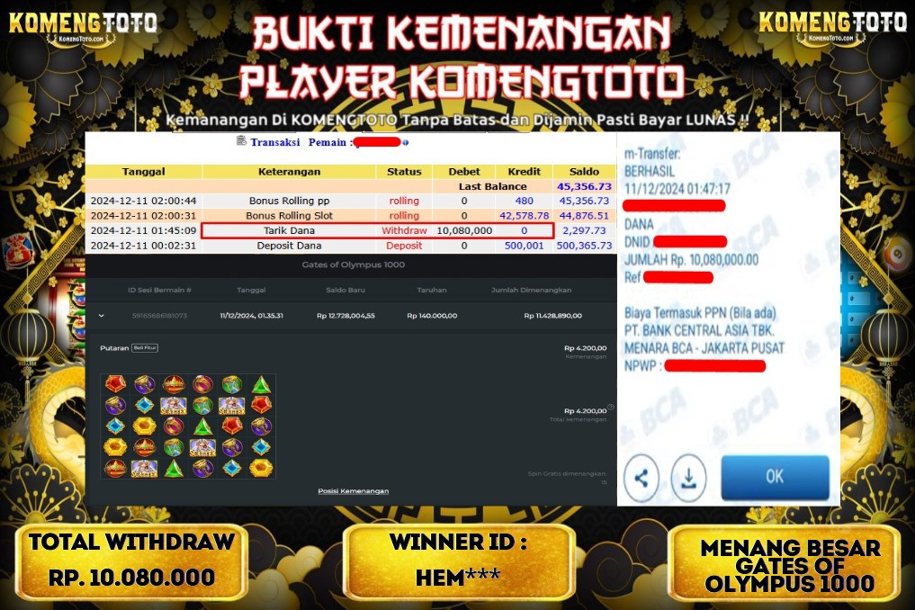 LAGI & LAGI!! KEMENANGAN BESAR DI SLOT  GATES OF OLYMPUS 1000  SEBESAR Rp.10.080.000 KOMENGTOTO BAYAR LUNAS SECEPAT KILAT !! KOMENGTOTO BAYAR SECEPAT KILAT !!