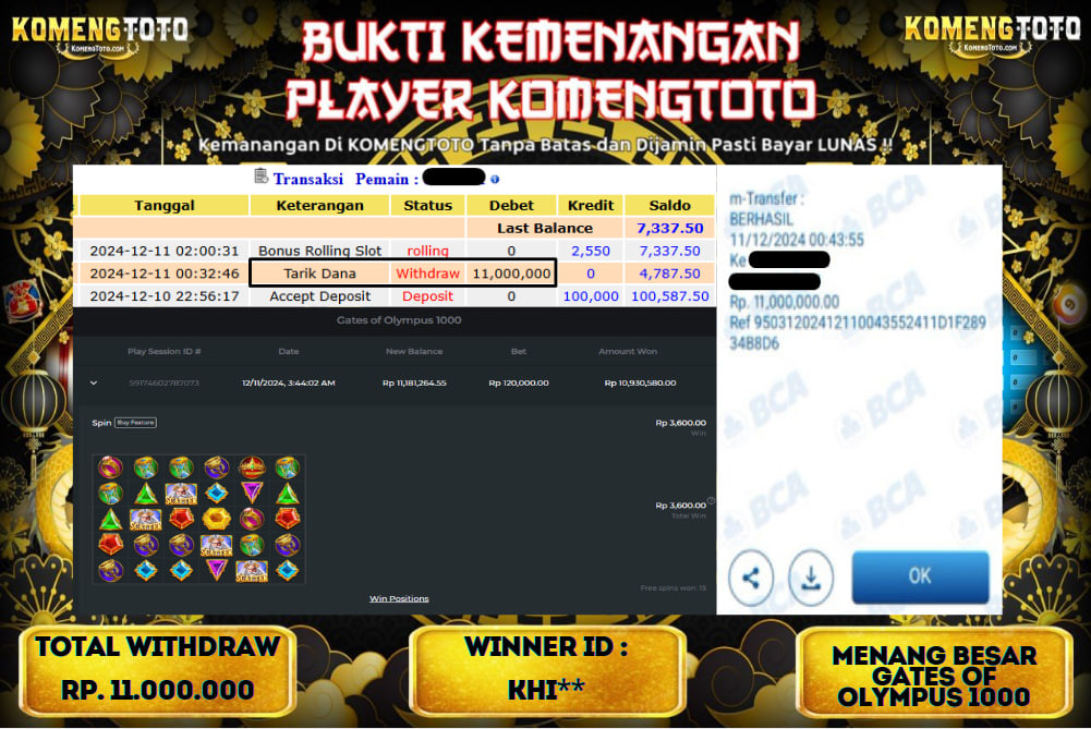 LAGI & LAGI!! KEMENANGAN BESAR DI SLOT  GATES OF OLYMPUS 1000  SEBESAR Rp.11.000.000 KOMENGTOTO BAYAR LUNAS SECEPAT KILAT !! KOMENGTOTO BAYAR SECEPAT KILAT !!