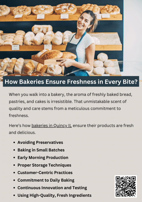 Freshness is the cornerstone of a great bakery. Through the use of quality ingredients, small-batch production, proper storage, and customer-focused practices, bakeries in Quincy IL deliver the delightful textures and flavors that make their goods so special. Whether it’s the warm flakiness of a croissant or the soft crumb of a loaf of bread, every bite reflects the dedication and care that goes into creating fresh, delicious baked goods. To know more visit here https://www.niemanns.com/stores/quincy-illinois-62301-473