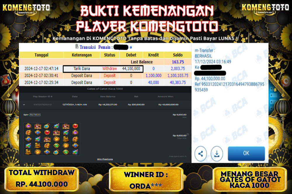 LAGI & LAGI!! KEMENANGAN BESAR DI SLOT  Gates of Gatot Kaca 1000  SEBESAR Rp.44.100.000 KOMENGTOTO BAYAR LUNAS SECEPAT KILAT !! KOMENGTOTO BAYAR SECEPAT KILAT !!