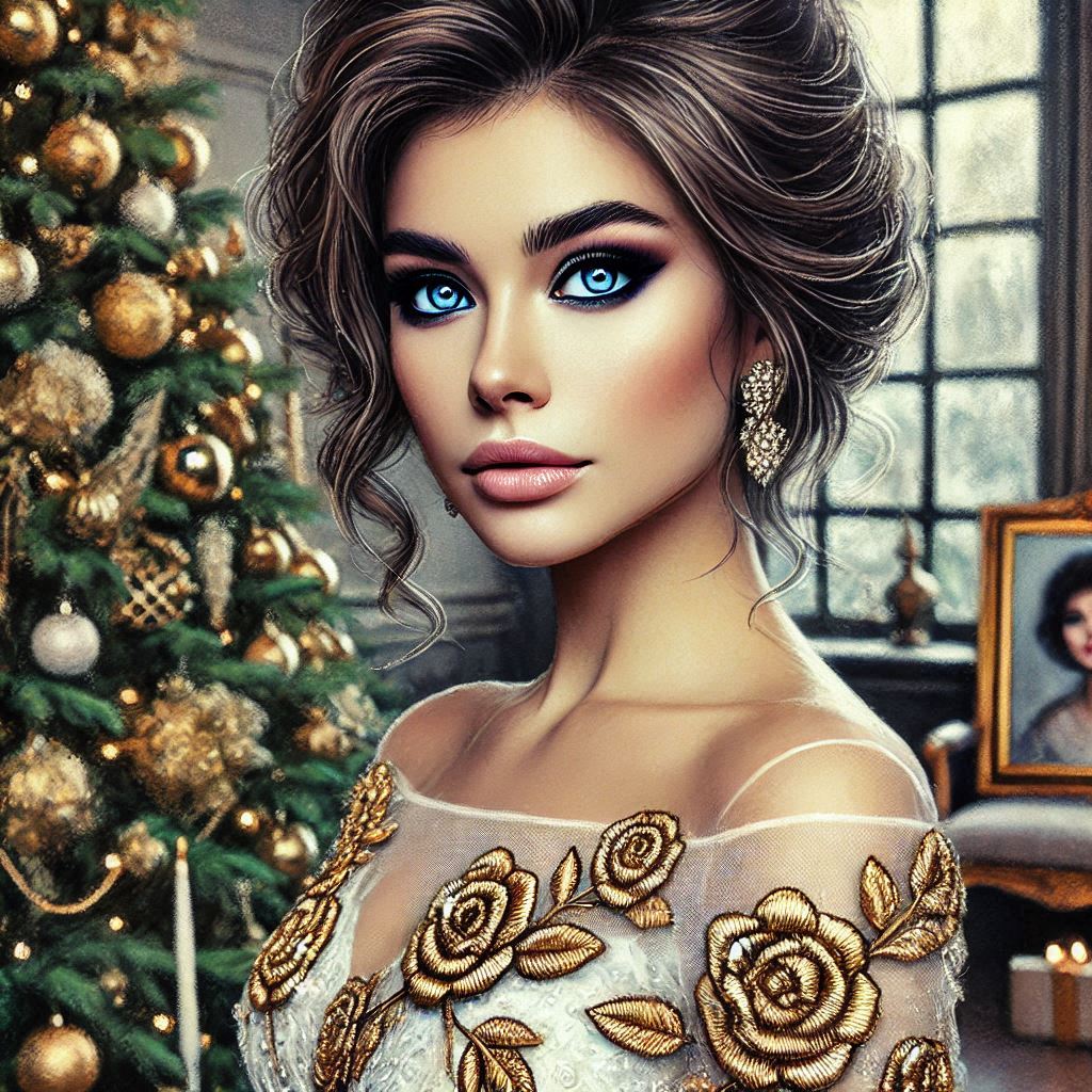 a beautiful elegant woman, with expressive gray eyes, with evening makeup, with her hair styled, in