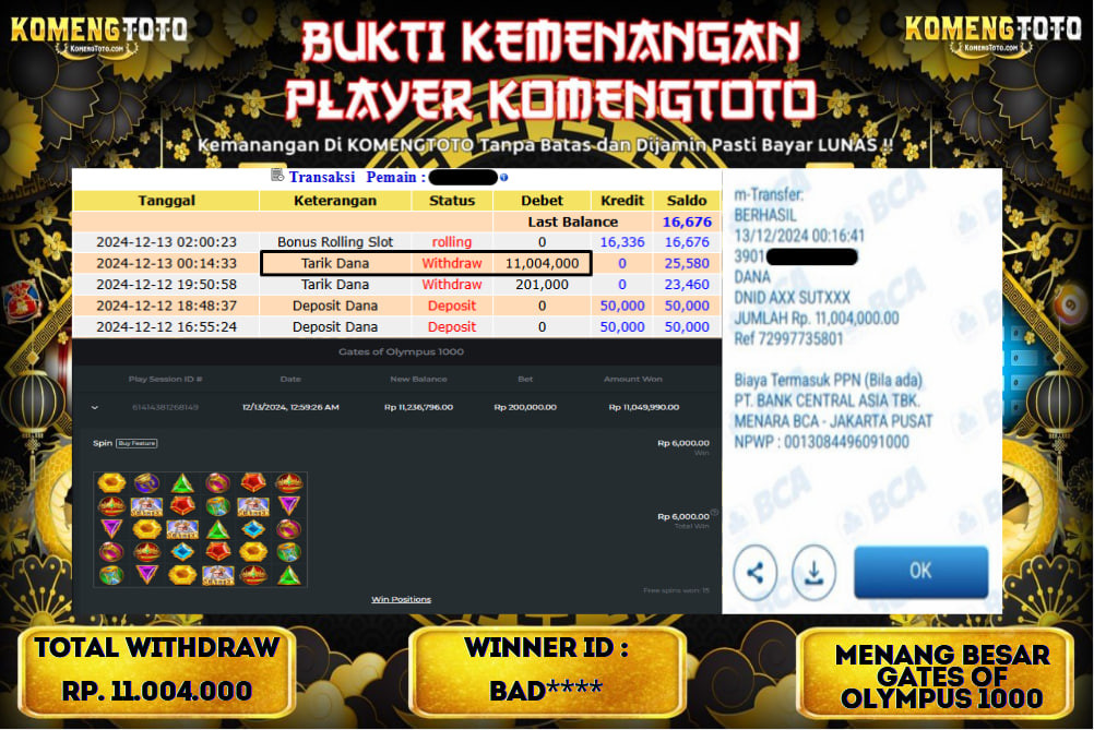 LAGI & LAGI!! KEMENANGAN BESAR DI SLOT  GATES OF OLYMPUS 1000  SEBESAR Rp.11.004.000 KOMENGTOTO BAYAR LUNAS SECEPAT KILAT !! KOMENGTOTO BAYAR SECEPAT KILAT !!