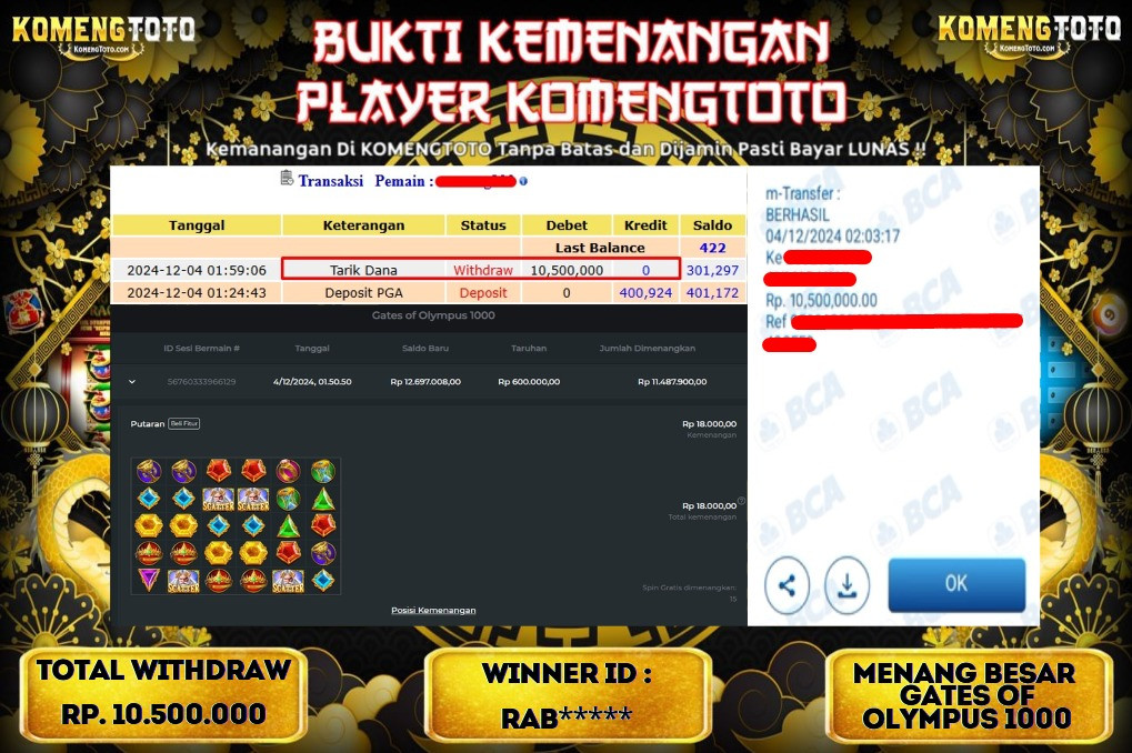 LAGI & LAGI!! KEMENANGAN BESAR DI SLOT  GATES OF OLYMPUS 1000  SEBESAR Rp.Rp10.500.000 KOMENGTOTO BAYAR LUNAS SECEPAT KILAT !! KOMENGTOTO BAYAR SECEPAT KILAT !!