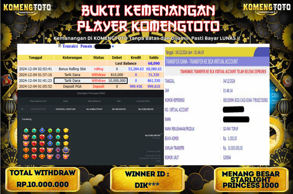 LAGI & LAGI!! KEMENANGAN BESAR DI SLOT  STARLIGHT PRINCES 1000 SEBESAR Rp.10.000.000 KOMENGTOTO BAYAR LUNAS SECEPAT KILAT !! KOMENGTOTO BAYAR SECEPAT KILAT !!