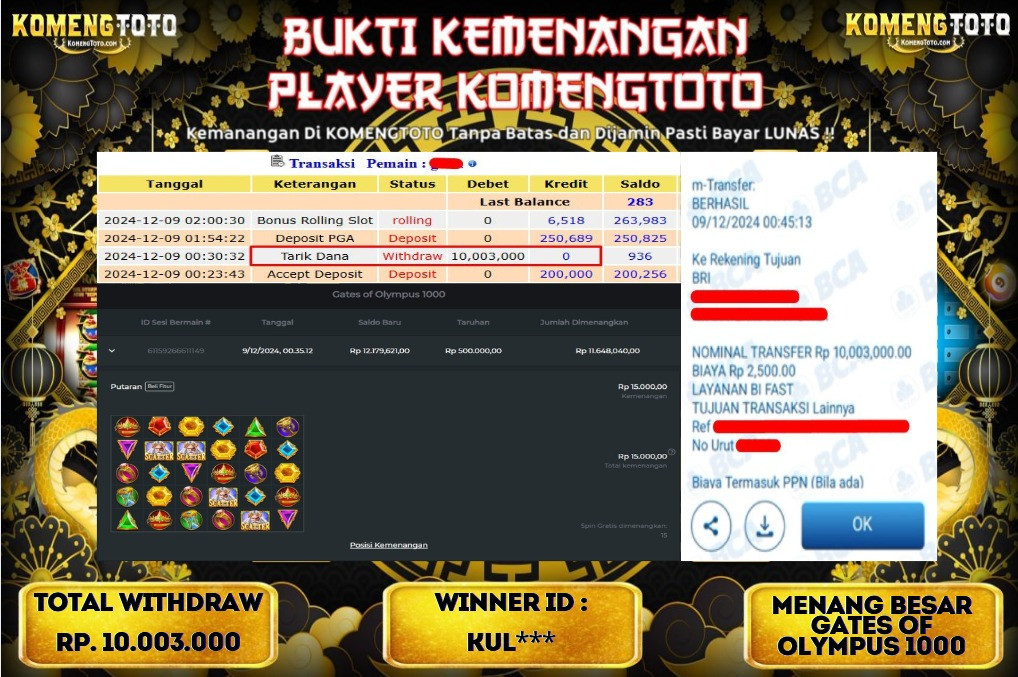 LAGI & LAGI!! KEMENANGAN BESAR DI SLOT  GATES OF OLYMPUS 1000  SEBESAR Rp.10.003.000 KOMENGTOTO BAYAR LUNAS SECEPAT KILAT !! KOMENGTOTO BAYAR SECEPAT KILAT !!
