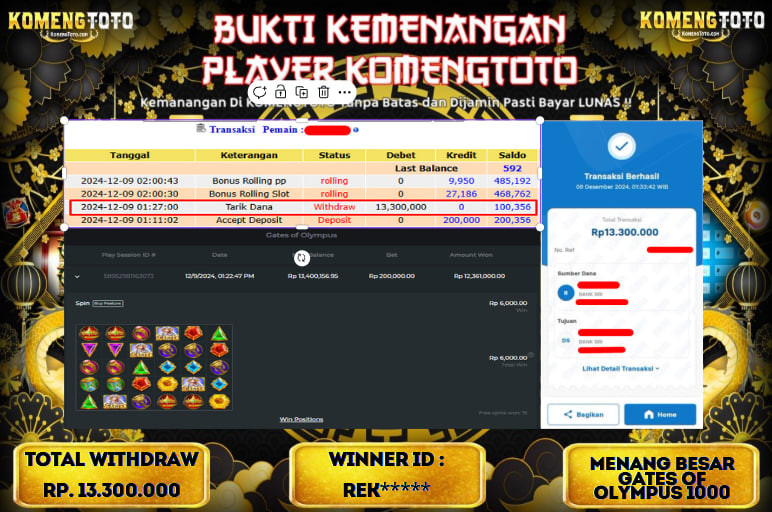 LAGI & LAGI!! KEMENANGAN BESAR DI SLOT  GATES OF OLYMPUS 1000  SEBESAR Rp.13.300.000 KOMENGTOTO BAYAR LUNAS SECEPAT KILAT !! KOMENGTOTO BAYAR SECEPAT KILAT !!