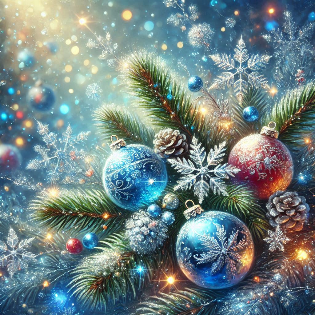 Magical Christmas image with a fir tree branch with Christmas glass balls on the edges, fractal effe