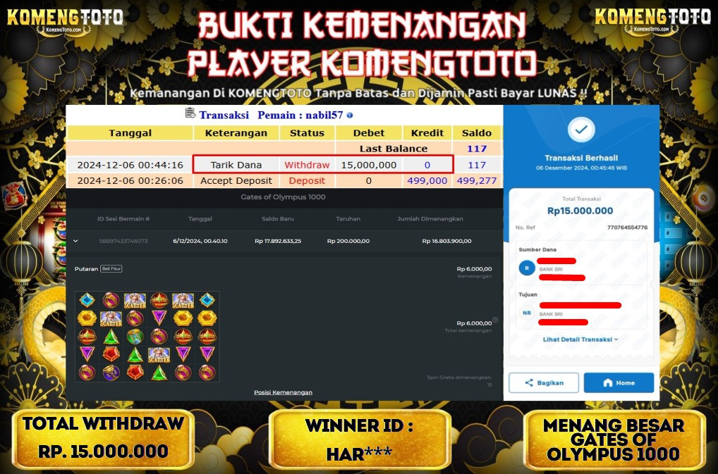 LAGI & LAGI!! KEMENANGAN BESAR DI SLOT  GATES OF OLYMPUS 1000  SEBESAR Rp.15.000.000 KOMENGTOTO BAYAR LUNAS SECEPAT KILAT !! KOMENGTOTO BAYAR SECEPAT KILAT !!